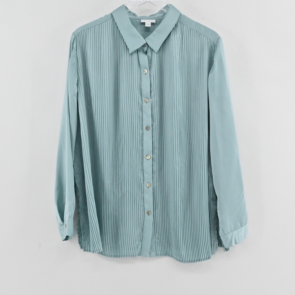 J Jill Pleated Blouse Womens Size XL Blue‎ Green Button Long Sleeve Office